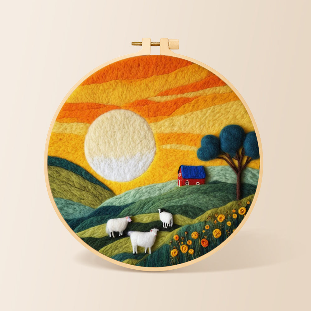 Green hills and fluffy sheep under golden sunset needle felting kit for beginners with a round wooden frame