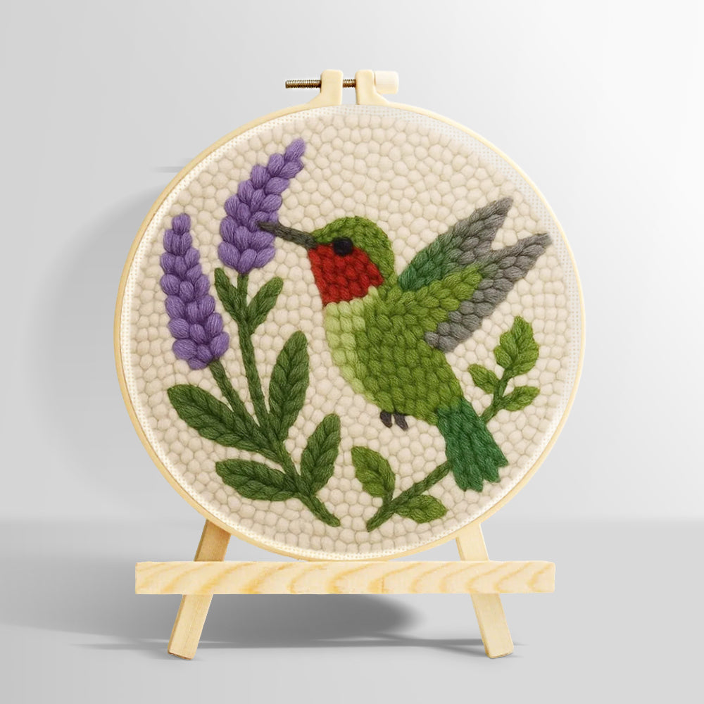 Green hummingbird and purple flower punch needle kit for beginners