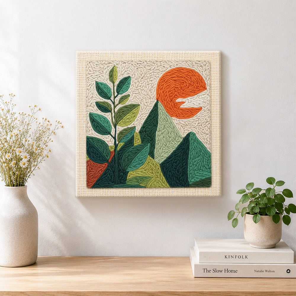 Finished green leaves and mountains artwork displayed on a wall
