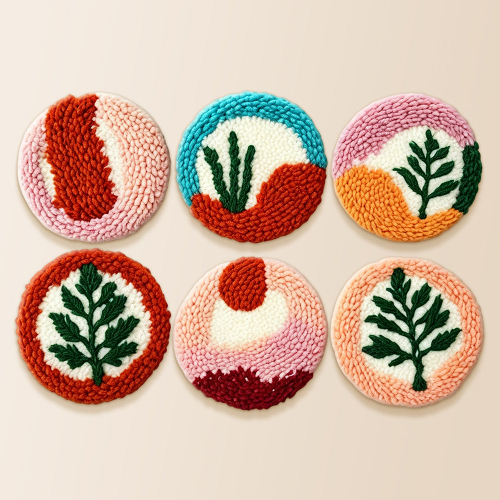Green leaves punch needle coaster kit finished handmade coasters