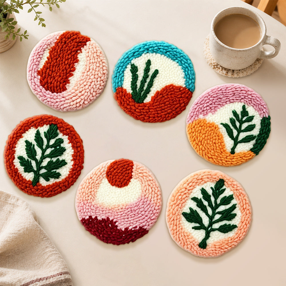 Green leaves punch needle coasters used for home decoration
