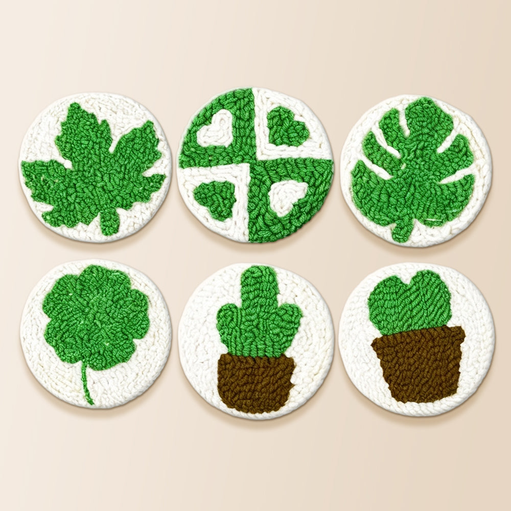 Green monstera and cactus punch needle coaster kit finished handmade coasters