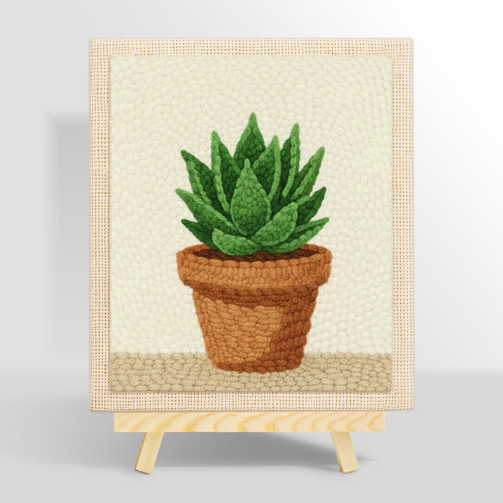 Green succulent in terracotta pot punch needle kit for beginners