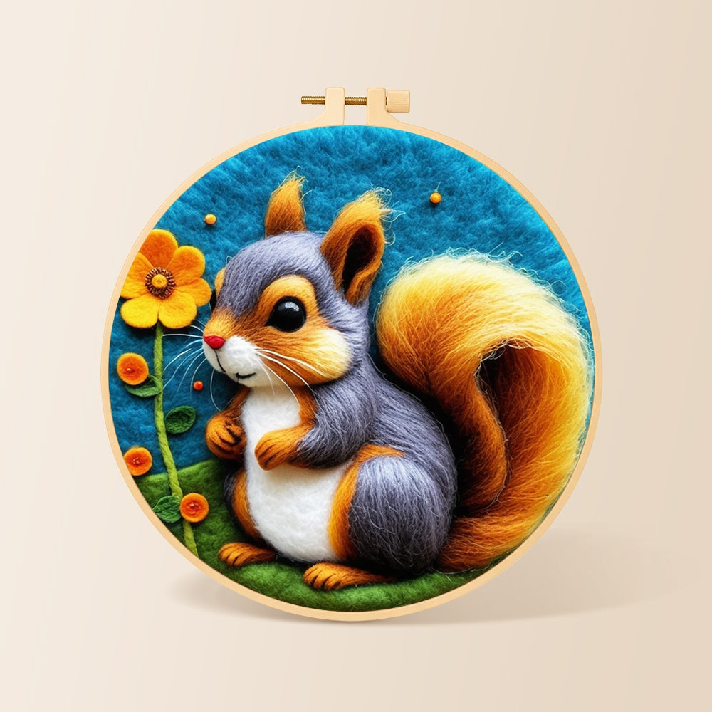 Grey and orange squirrel with golden tail needle felting kit for beginners with a round wooden frame