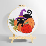 Halloween black cat and pumpkins punch needle kit for beginners