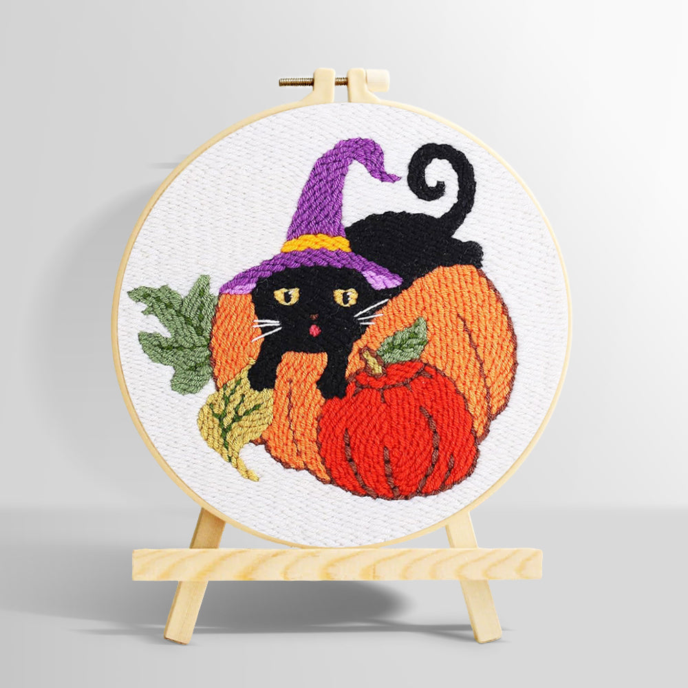 Halloween black cat and pumpkins punch needle kit for beginners