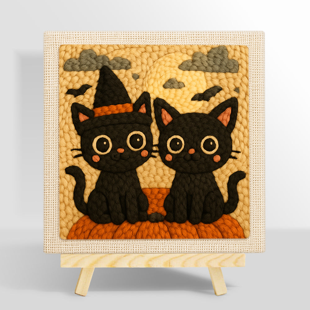Halloween black cats with witch hat punch needle kit for beginners