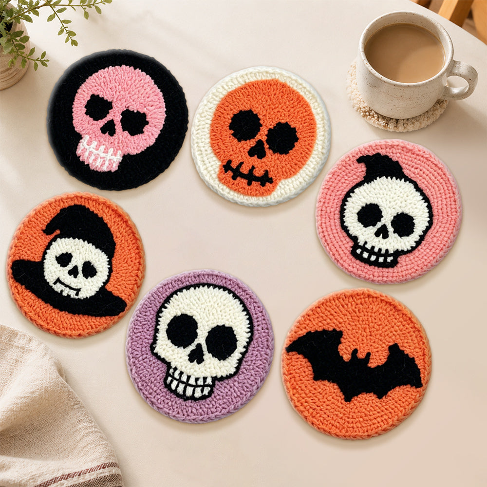 Halloween skull and bat punch needle coasters used for home decoration