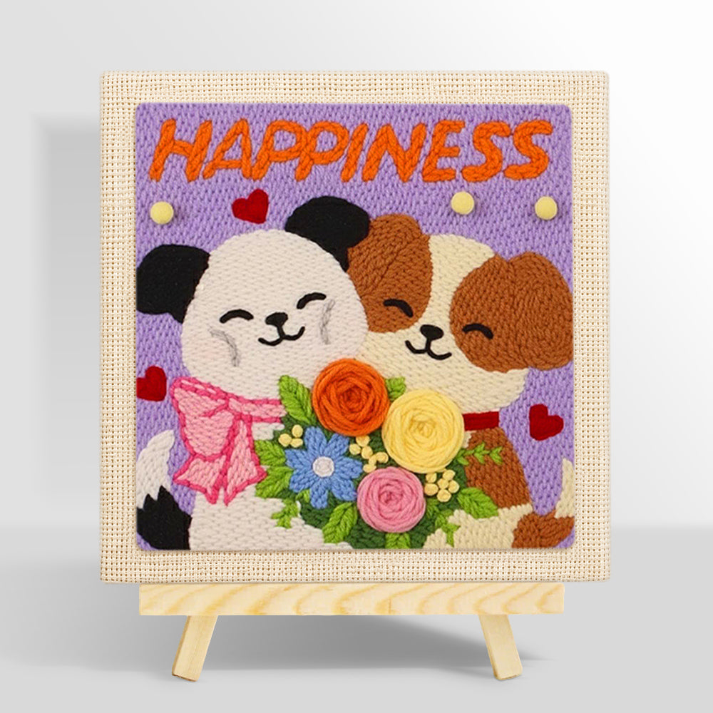 "HAPPINESS" puppies with flower bouquet punch needle kit for beginners