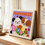 "HAPPINESS" puppies with flower bouquet punch needle artwork displayed on a table