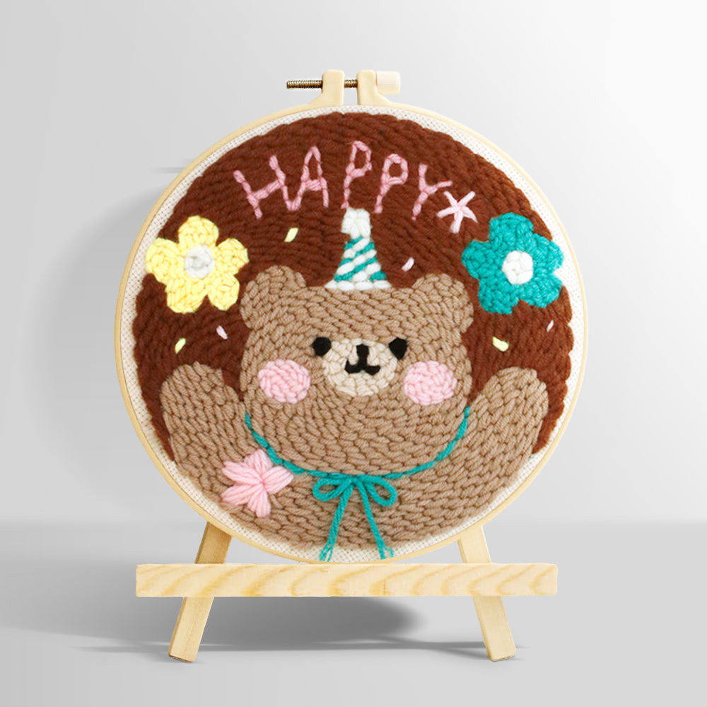 Happy bear with flowers punch needle kit for beginners