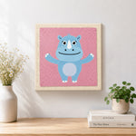 Finished happy blue rhino with open arms artwork displayed on a wall