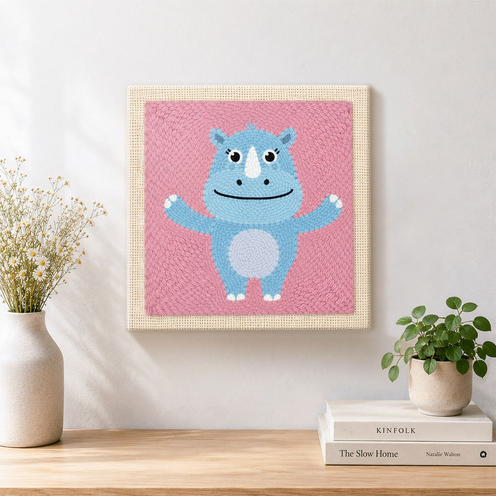 Finished happy blue rhino with open arms artwork displayed on a wall