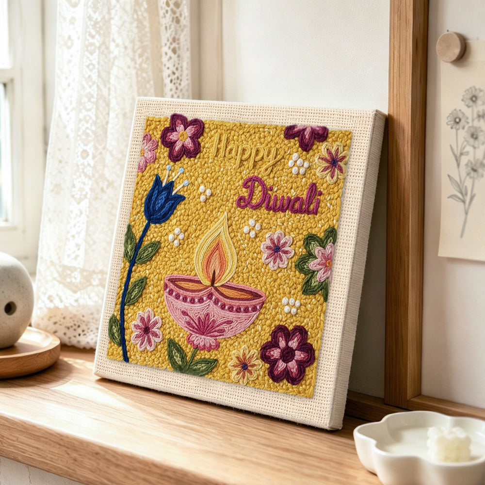 Happy diwali floral punch needle artwork displayed on a table