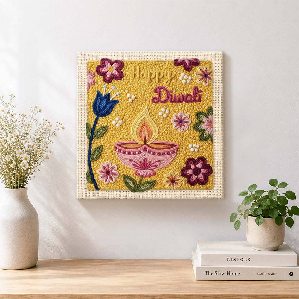 Finished happy diwali floral artwork displayed on a wall