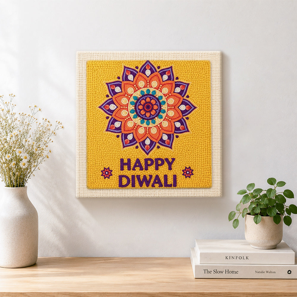 Finished happy diwali mandala artwork displayed on a wall