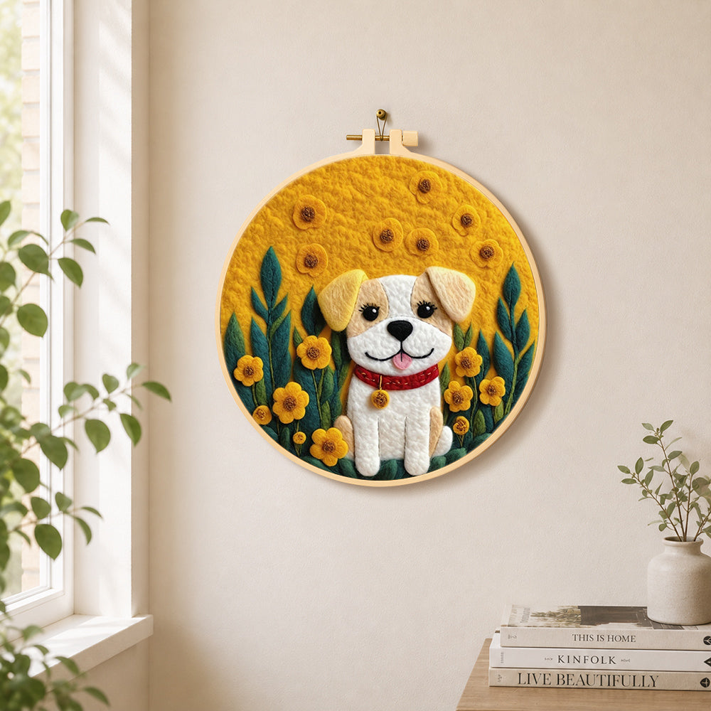 Happy dog with yellow flowers needle felt wall art displayed in a bright home interior