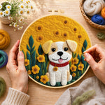 Creating the happy dog with yellow flowers wool painting by hand with a felting needle