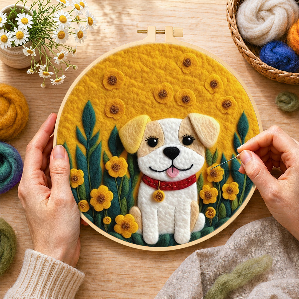 Creating the happy dog with yellow flowers wool painting by hand with a felting needle