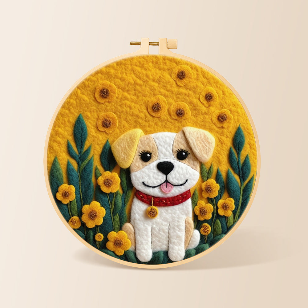 Happy dog with yellow flowers needle felting kit for beginners with a round wooden frame