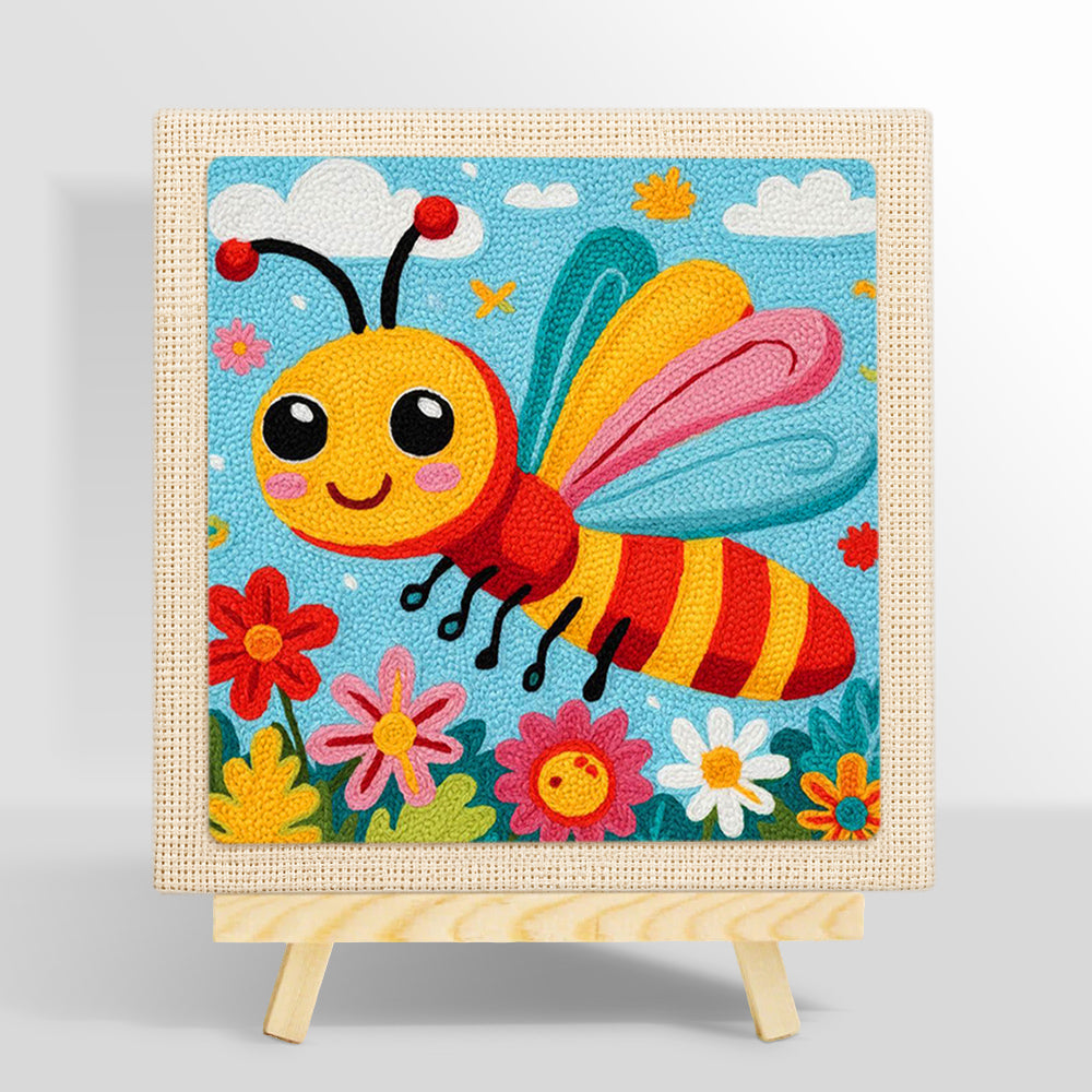 Happy flying bee in a flower garden punch needle kit for beginners