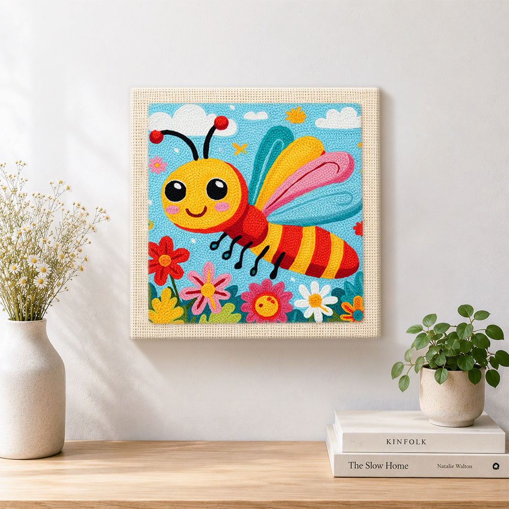Finished happy flying bee in a flower garden artwork displayed on a wall