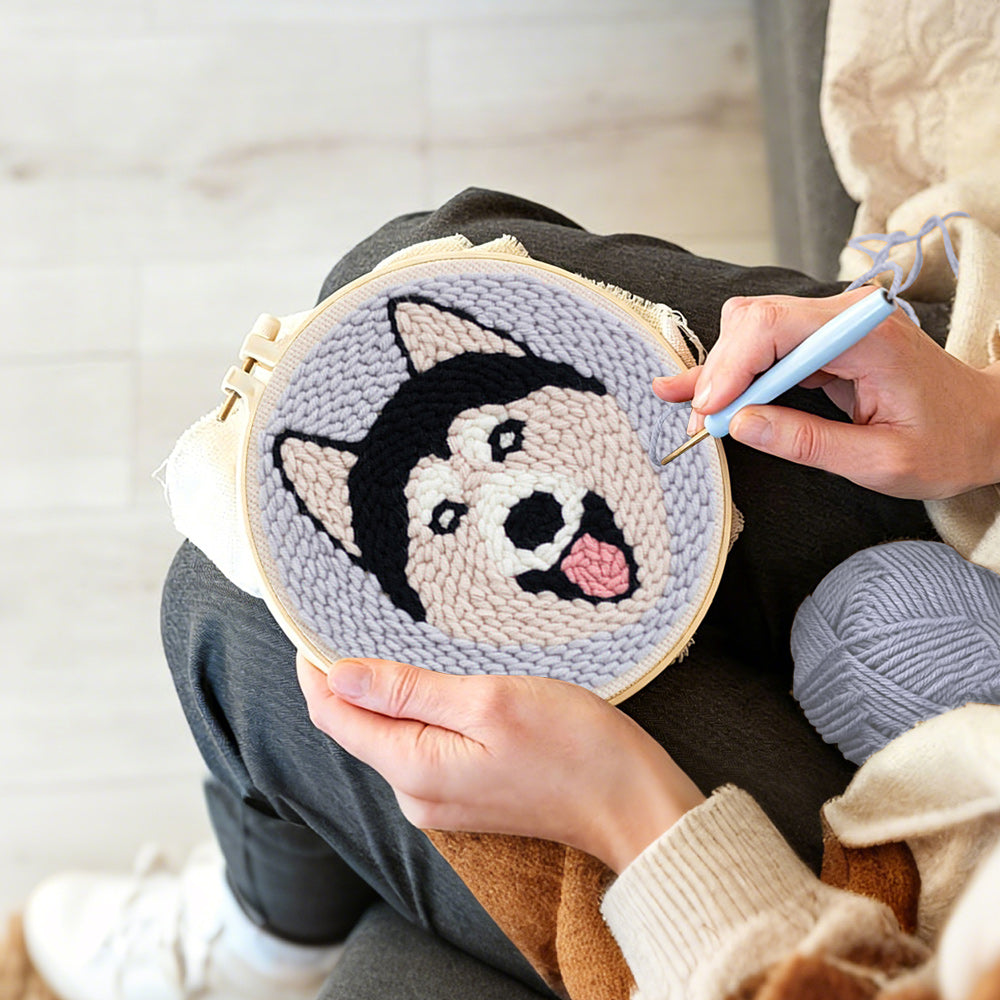 Creating handmade happy husky punch needle artwork