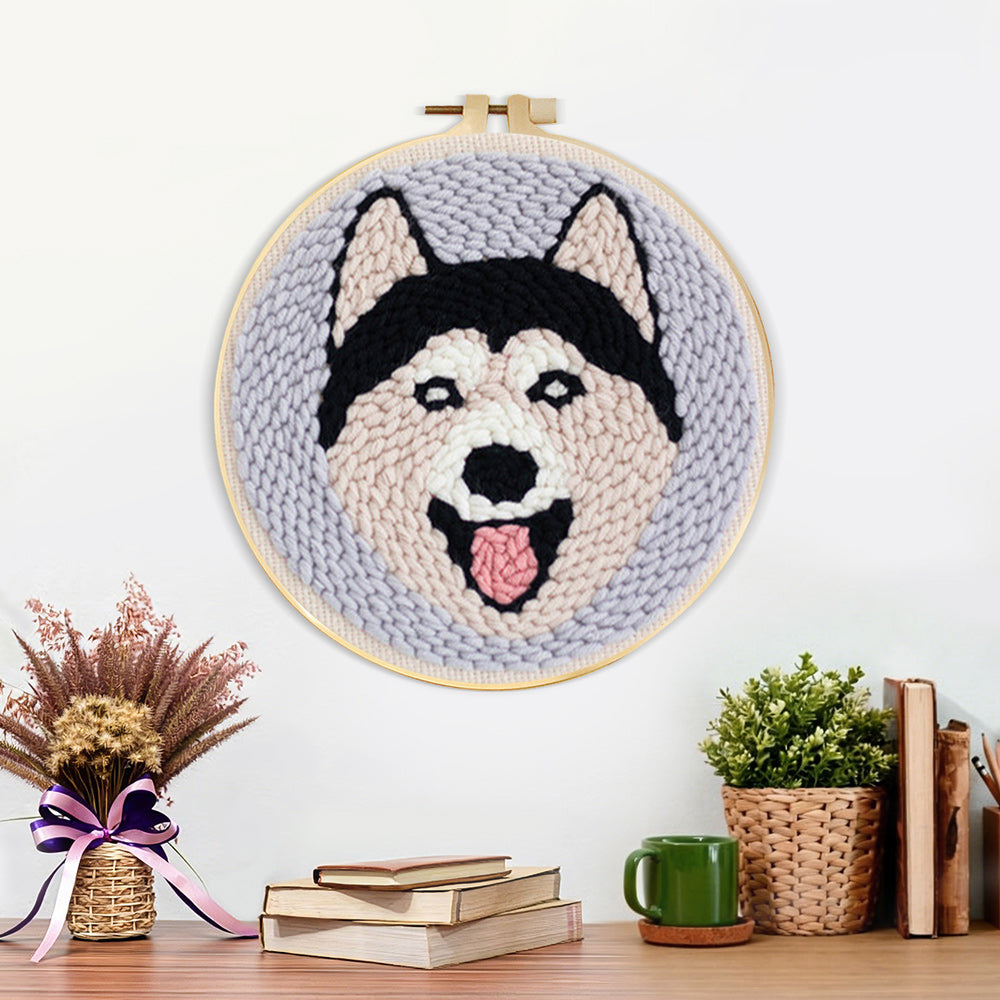 Finished happy husky artwork displayed on a wall