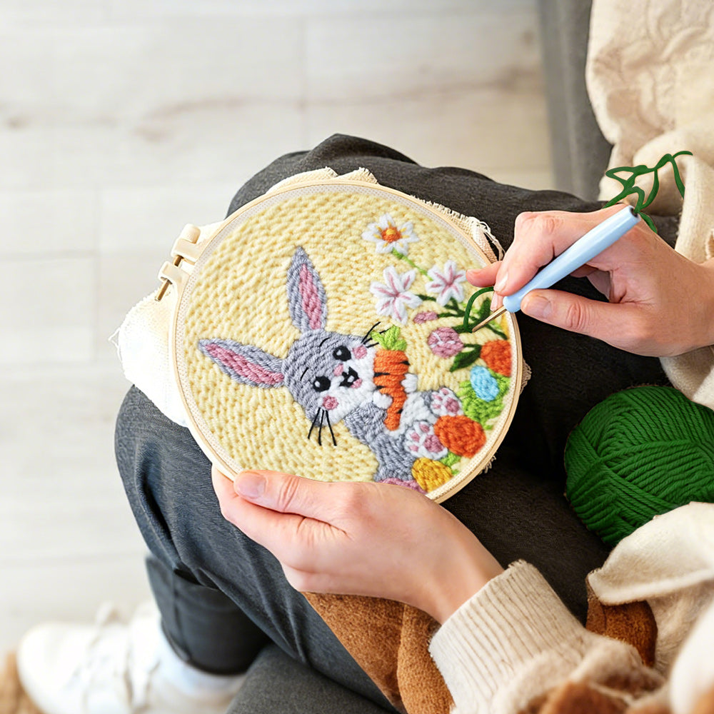 Creating handmade happy rabbit harvest punch needle artwork