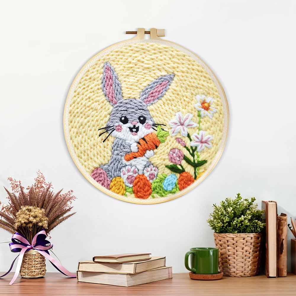 Finished happy rabbit harvest artwork displayed on a wall