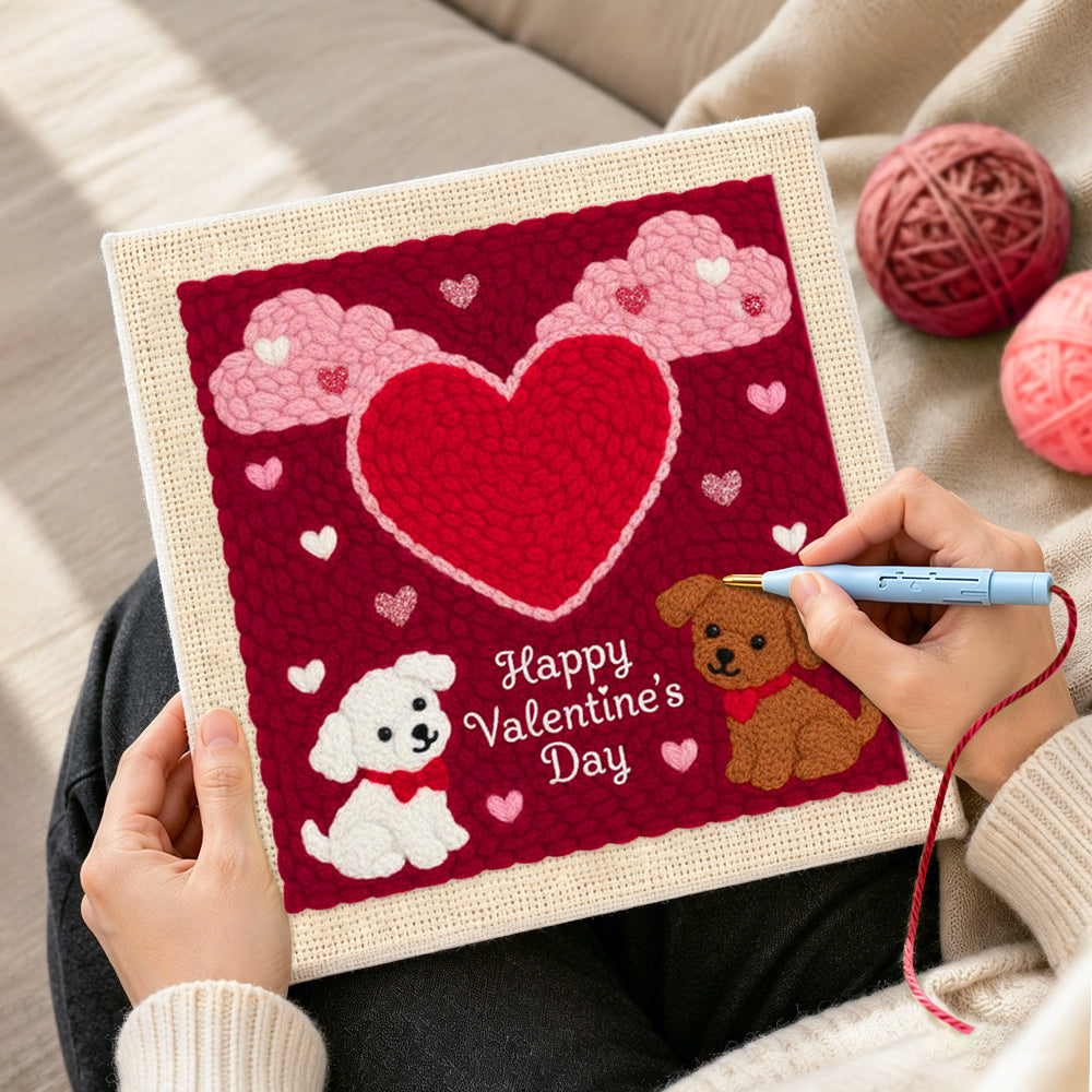 Creating handmade "happy valentine's day" puppies punch needle artwork