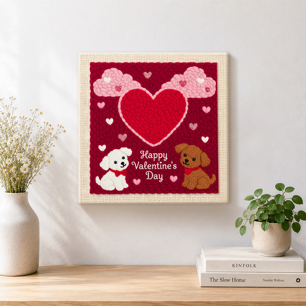 Finished "happy valentine's day" puppies artwork displayed on a wall