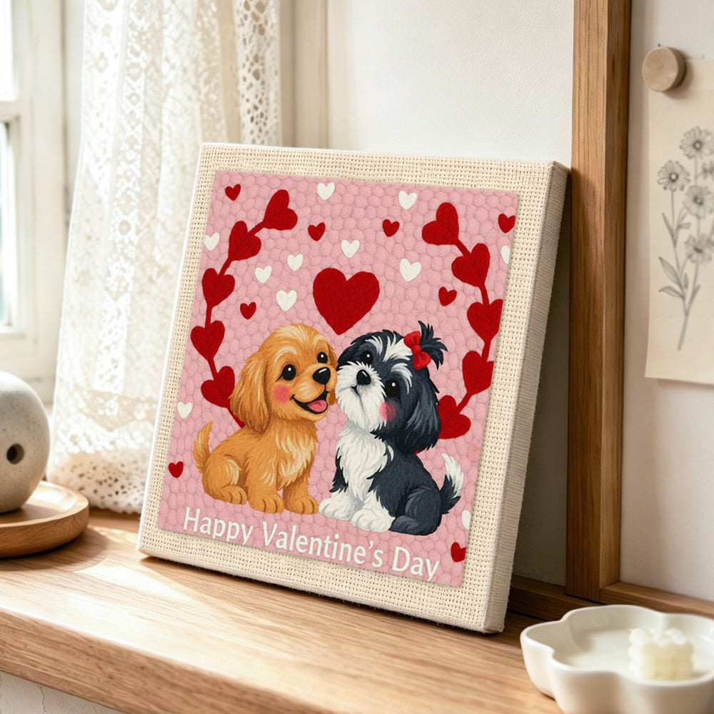 "Happy valentine's day" puppy punch needle artwork displayed on a table