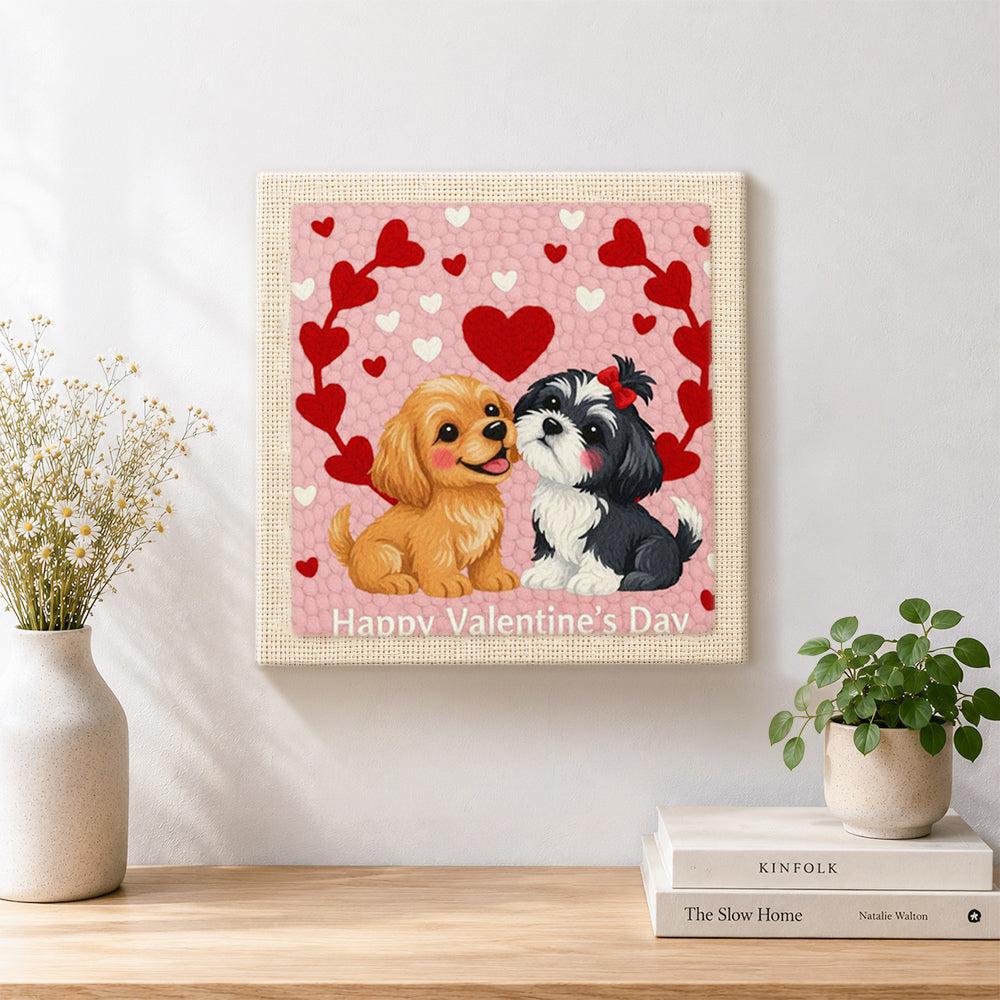 Finished "happy valentine's day" puppy artwork displayed on a wall