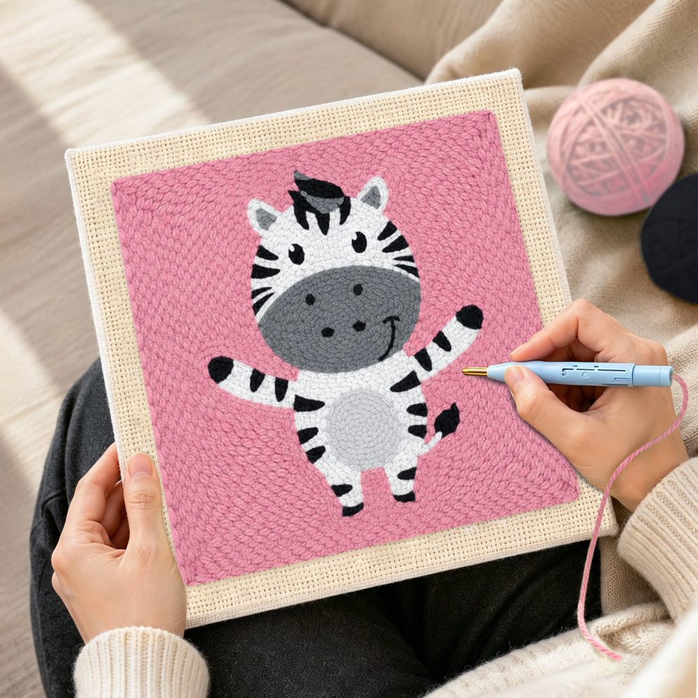 Creating handmade happy zebra with open arms punch needle artwork