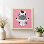 Finished happy zebra with open arms artwork displayed on a wall