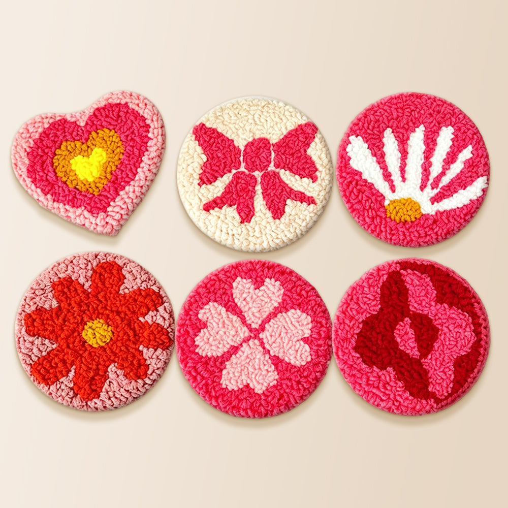 Heart, flower, and four-leaf clover punch needle coaster kit finished handmade coasters
