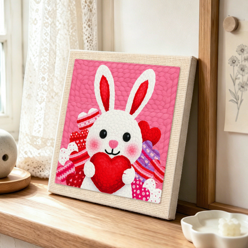 Heart-holding bunny punch needle artwork displayed on a table
