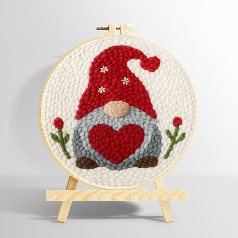 Heart-holding winter gnome punch needle kit for beginners