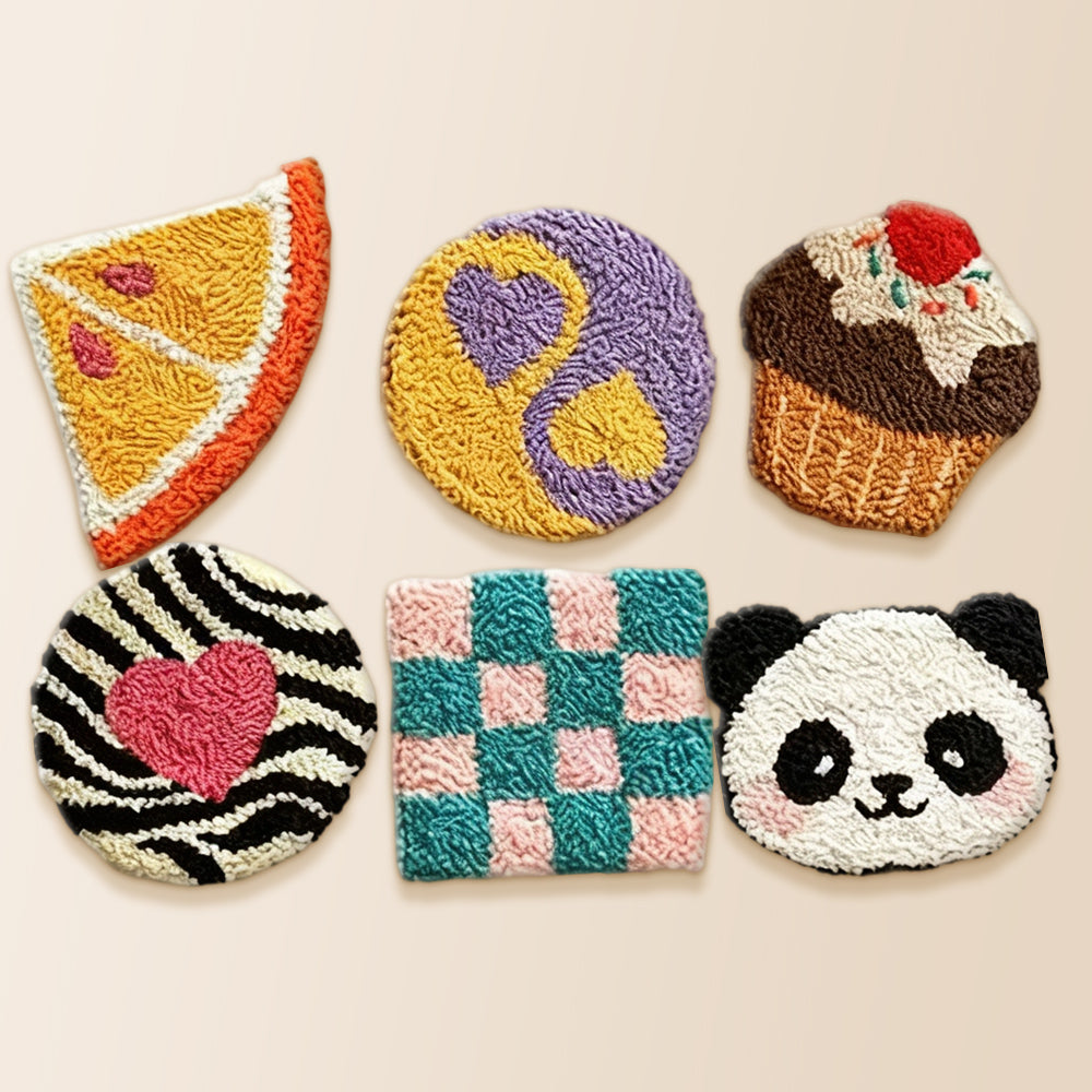 Heart, panda and cupcake punch needle coaster kit finished handmade coasters