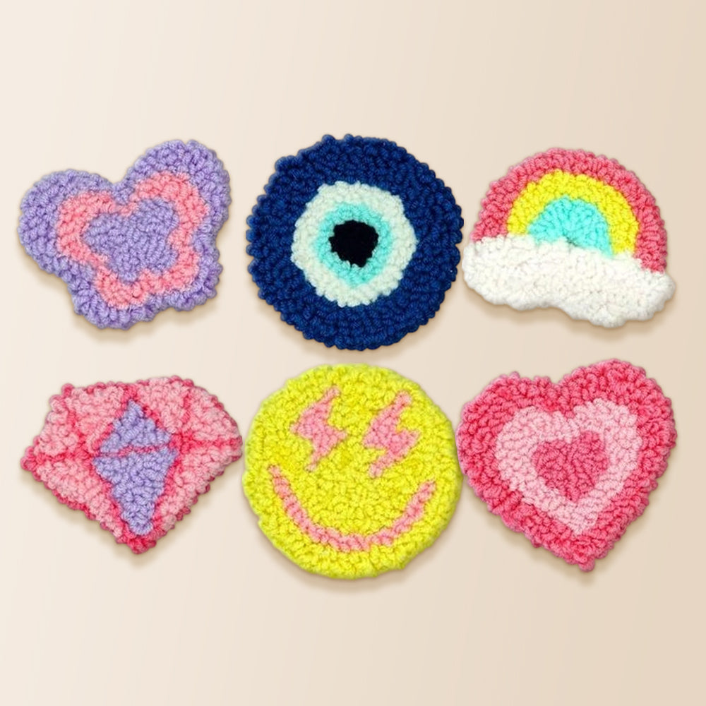 Heart, rainbow and smiley punch needle coaster kit finished handmade coasters