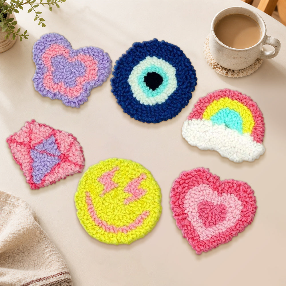 Heart, rainbow and smiley punch needle coasters used for home decoration
