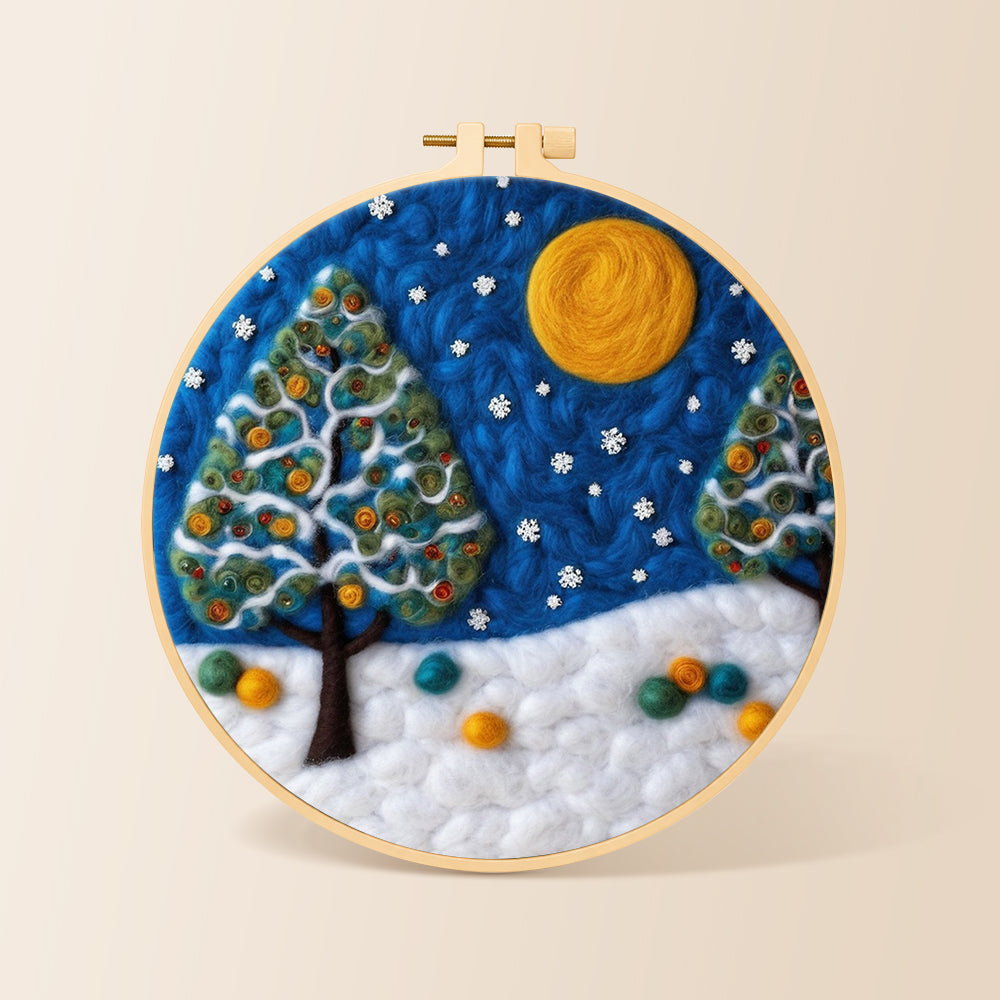 Heart-shaped christmas tree in the snow needle felting kit for beginners with a round wooden frame