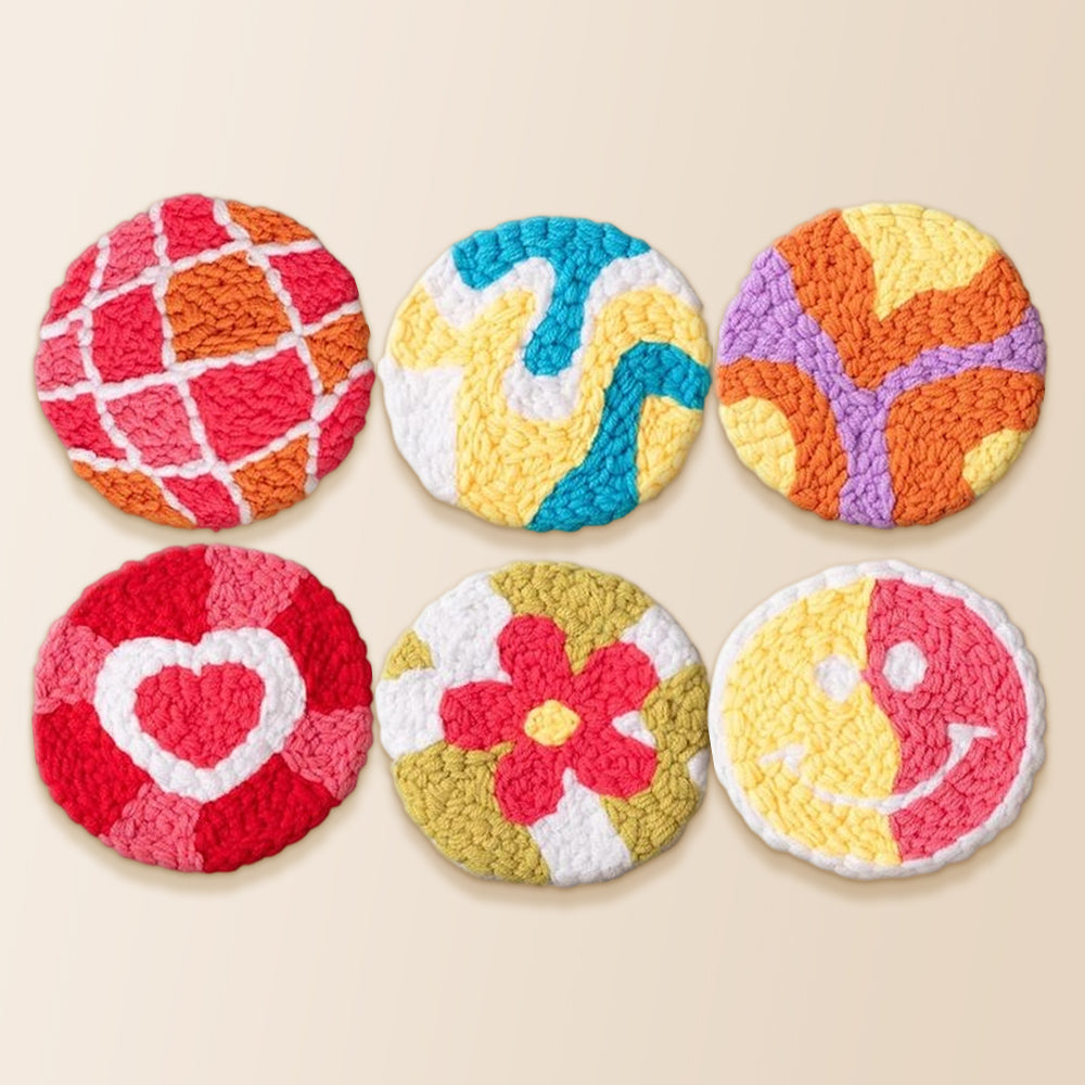 Heart, swirl and smiley punch needle coaster kit finished handmade coasters