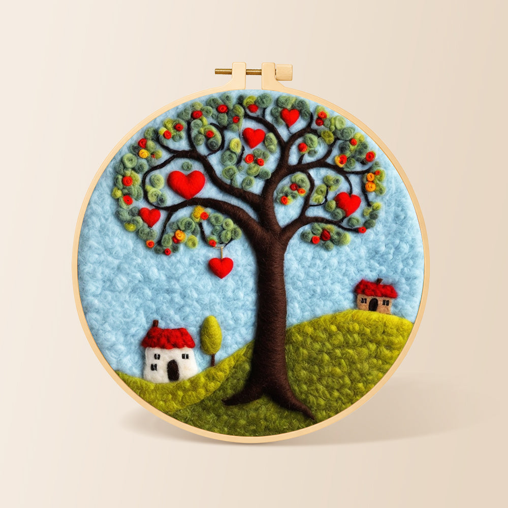 Heart tree and little houses needle felting kit for beginners with a round wooden frame