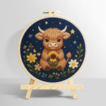Highland cow and flowers at night punch needle kit for beginners
