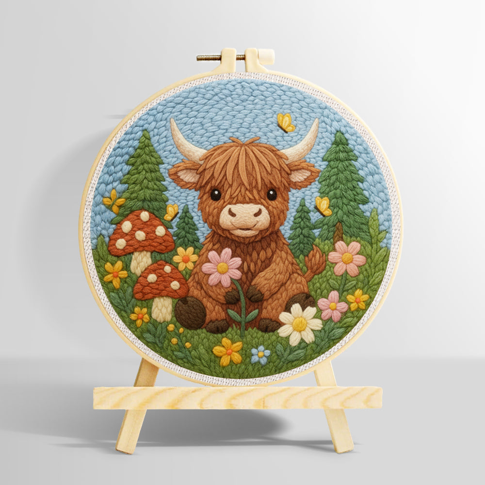 Highland cow and mushrooms in spring punch needle kit for beginners