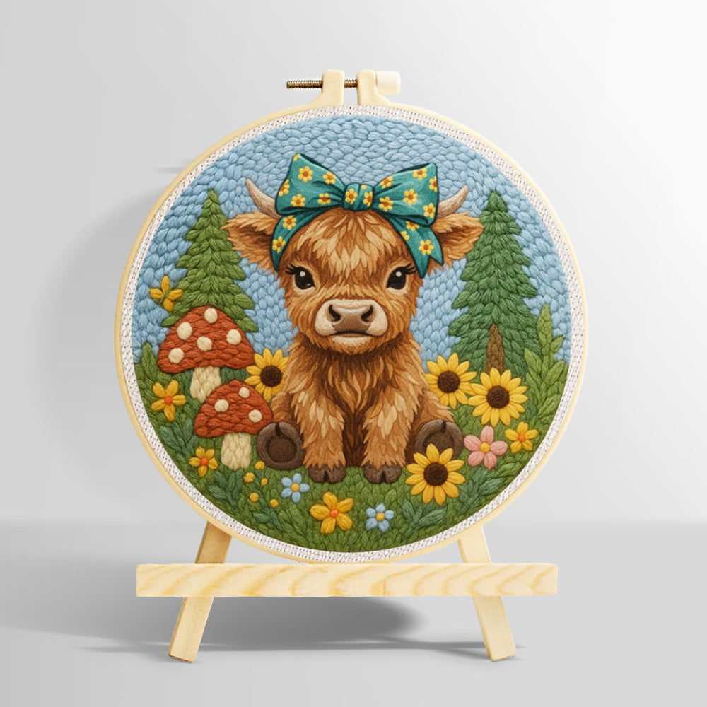 Highland cow and mushrooms on the green grass punch needle kit for beginners