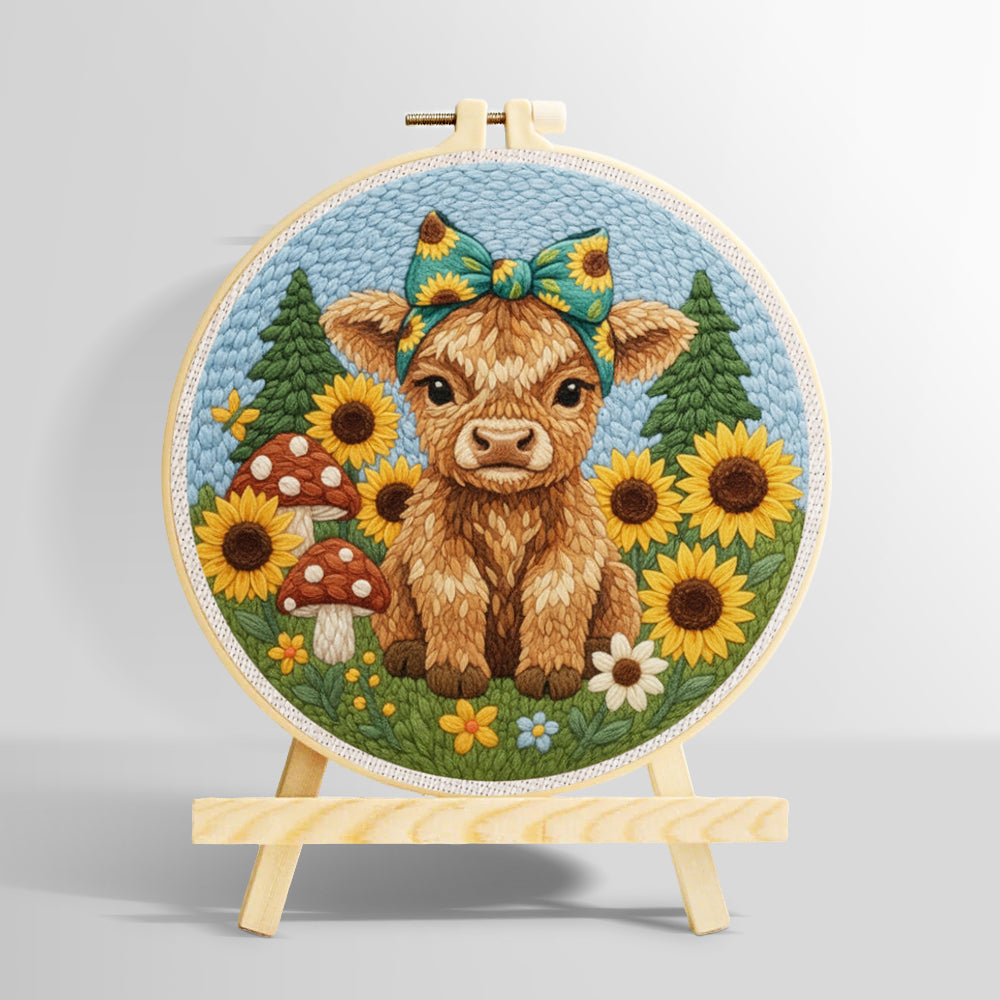 Highland cow and sunflowers on the green grass punch needle kit for beginners