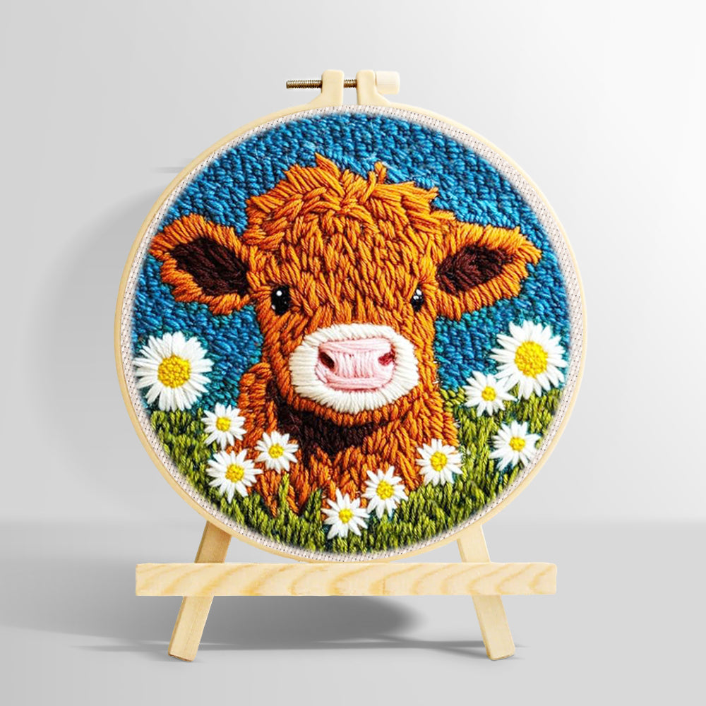 Highland cow and white daisies punch needle kit for beginners